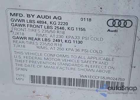 2018 Audi Q3 2.0T Premium/2.0T Sport Premium z USA, uszkodzony, nr VIN WA1ECCFS5JR024759